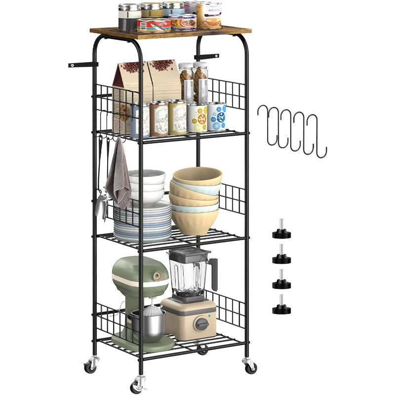 4 Tier Metal Kitchen Storage Rack with Top Shelves, Wheels Organizer for Kitchen