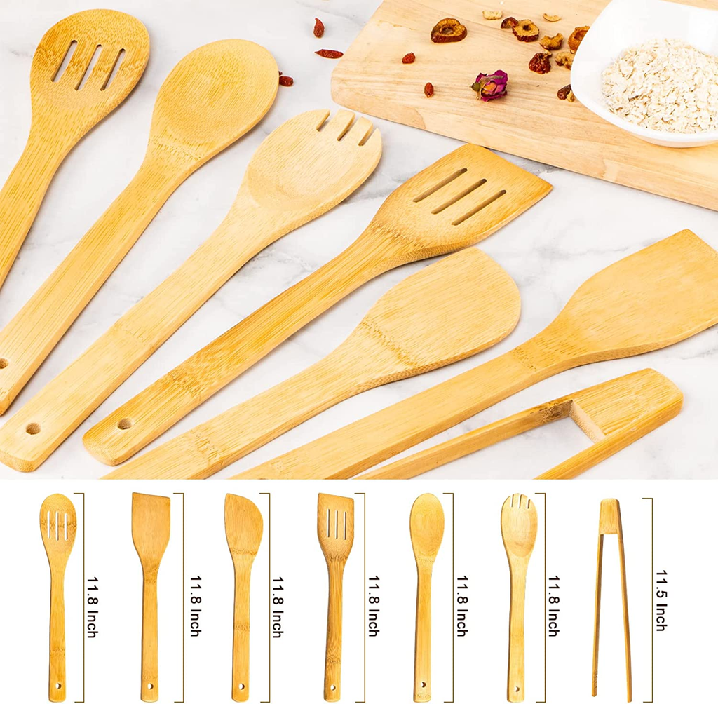 Bamboo Wooden Cooking Utensils Set 7 Piece Nonstick Kitchen Spoon Set