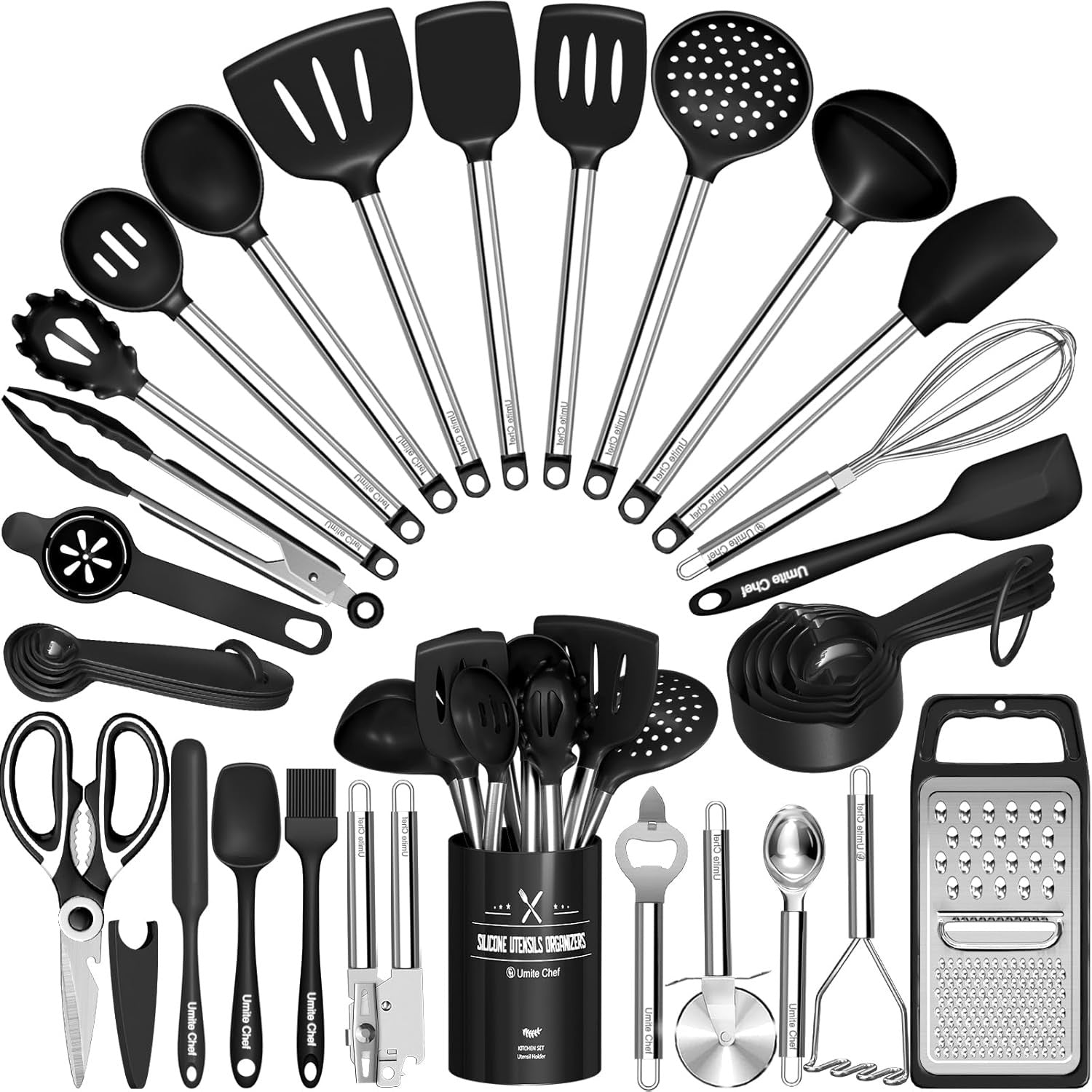 Umite Chef Silicone Kitchen Utensils Set Stainless Steel Handle Black