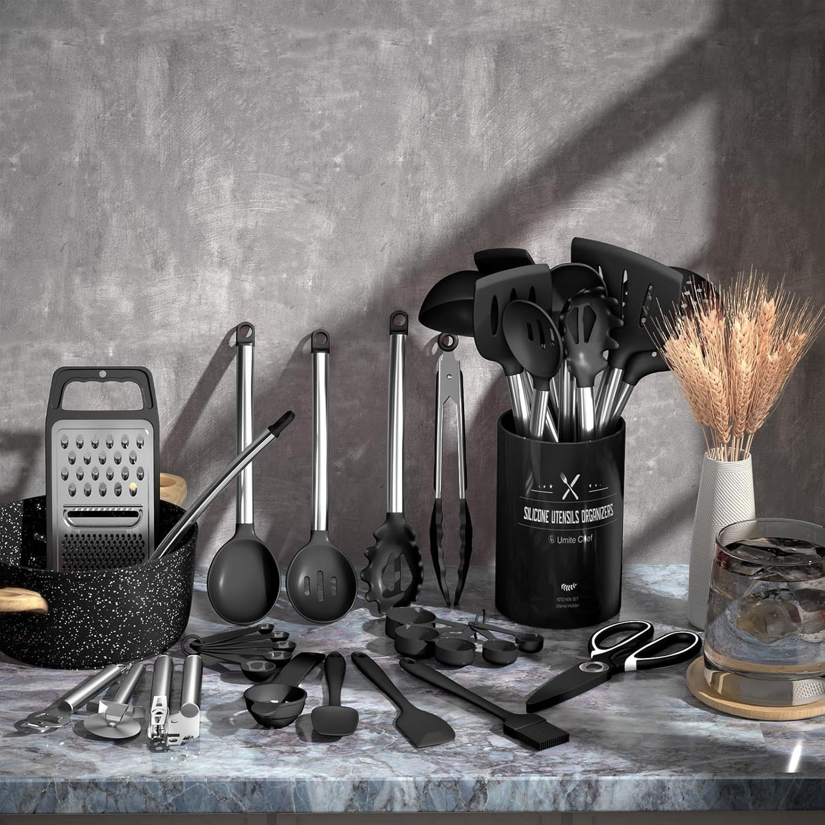 Umite Chef Silicone Kitchen Utensils Set Stainless Steel Handle Black