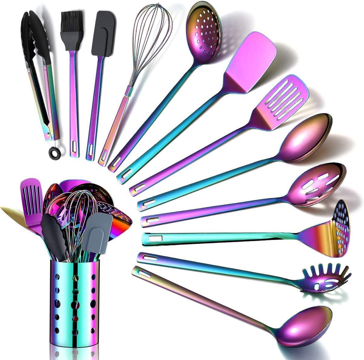 Rainbow Kitchen Utensils Set,13 Pieces Stainless Steel Cooking Utensils Set with